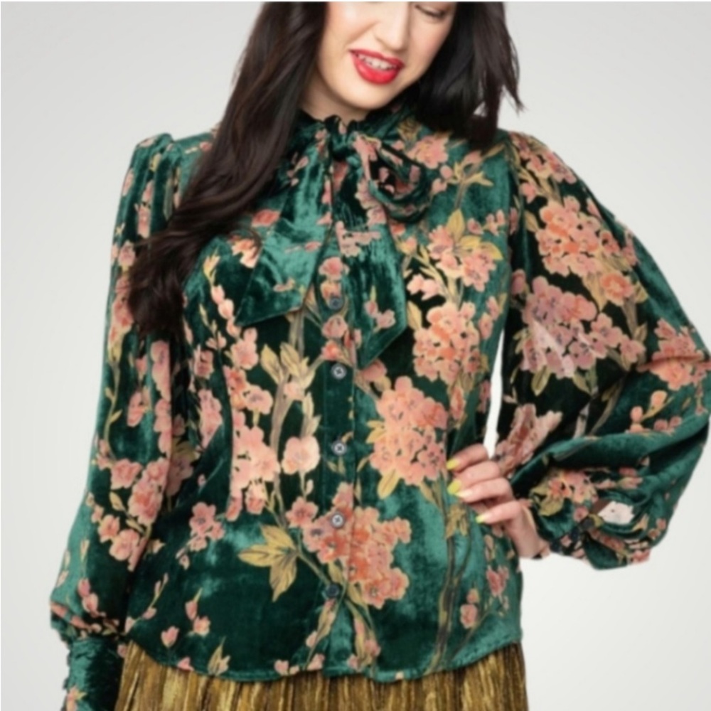 Unique Vintage Emerald Green Floral Devore Velvet Gwen Blouse S 4